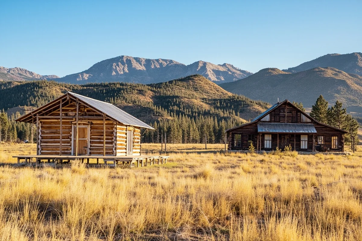 Grant-Kohrs Ranch historic buildings with mountains in background, showing preserved bunkhouse and main residence