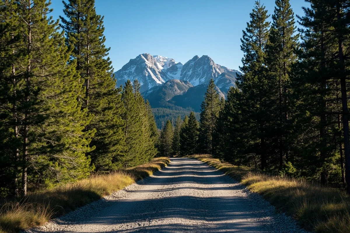 Gravel forest road leading through dense pine forest toward Swan Range mountains