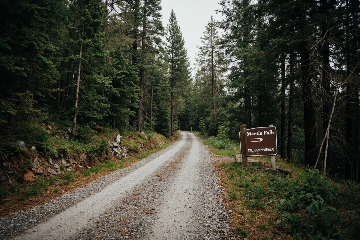 Gravel forest road leading to Martin Falls trailhead with pine trees on both sides