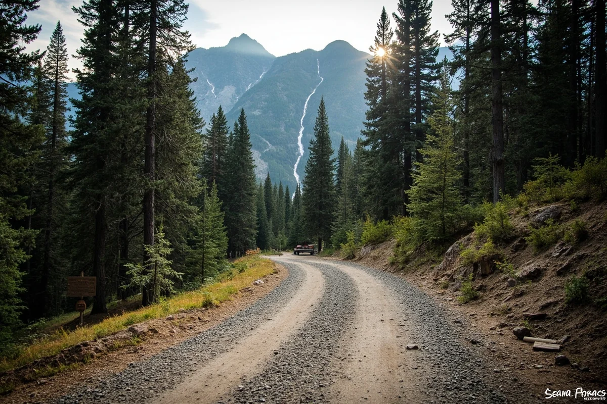 Gravel forest road leading to Rock Creek Falls trailhead with mountain backdrop
