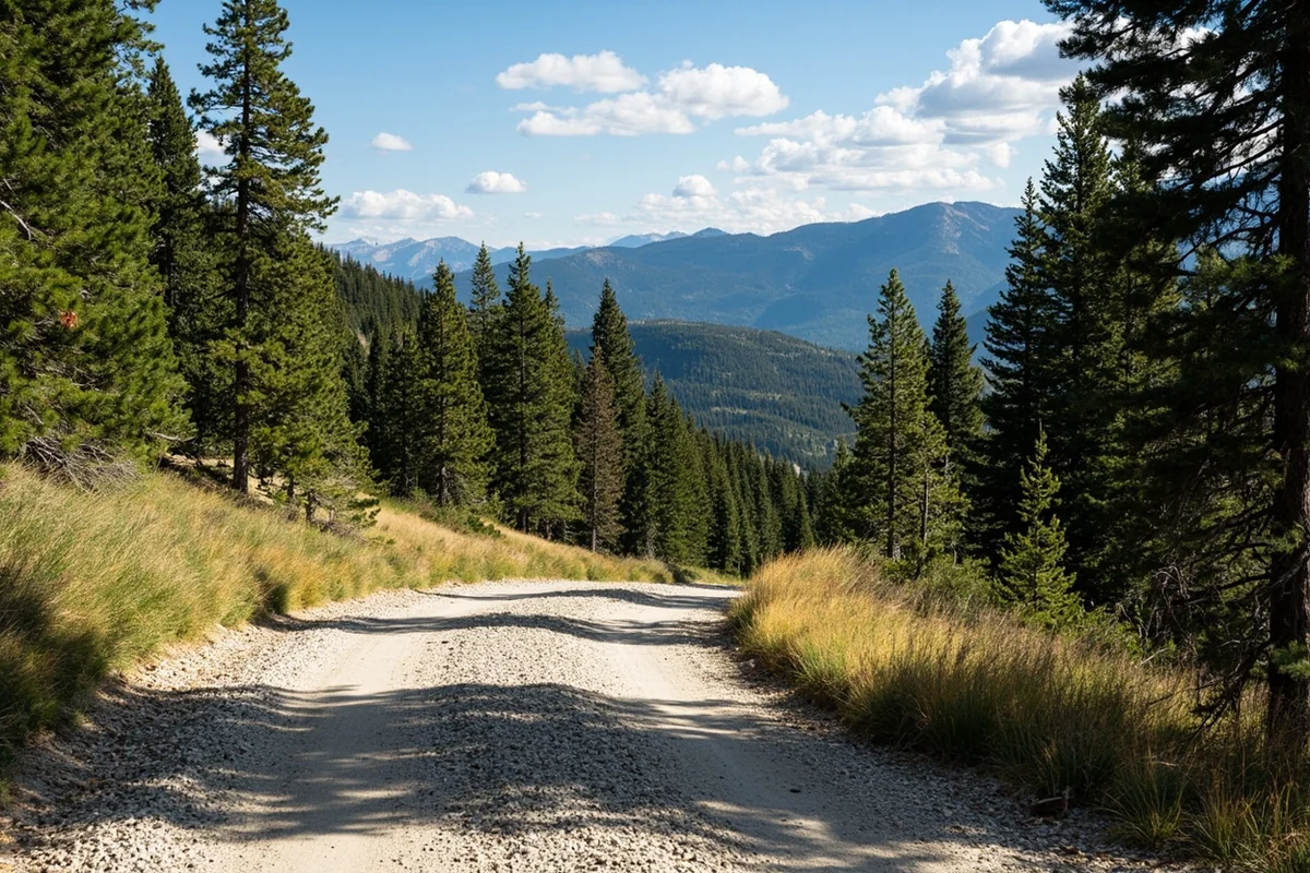 Gravel forest road leading to West Fork Rock Creek Trailhead with mountains in background