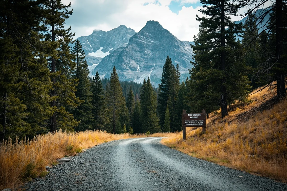 Gravel Forest Service road leading to Needle Falls trailhead with mountain backdrop
