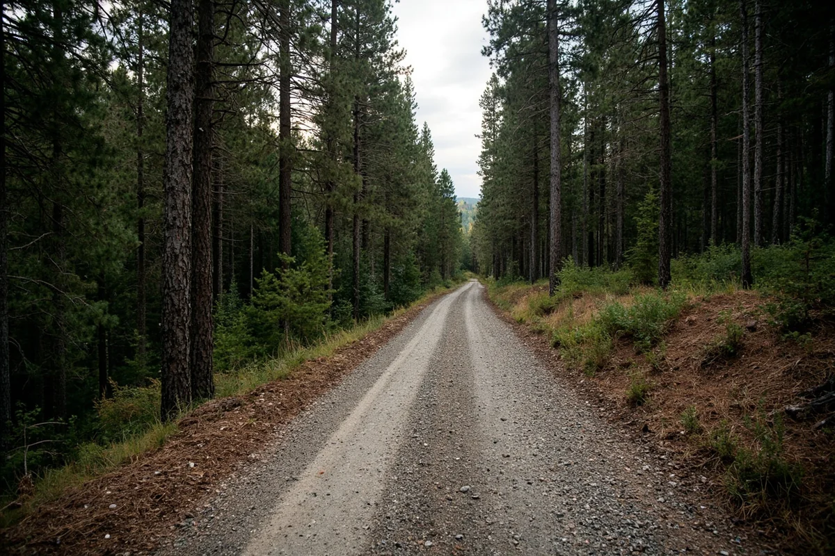 Gravel forest service road leading to Potosi Hot Springs through pine forest