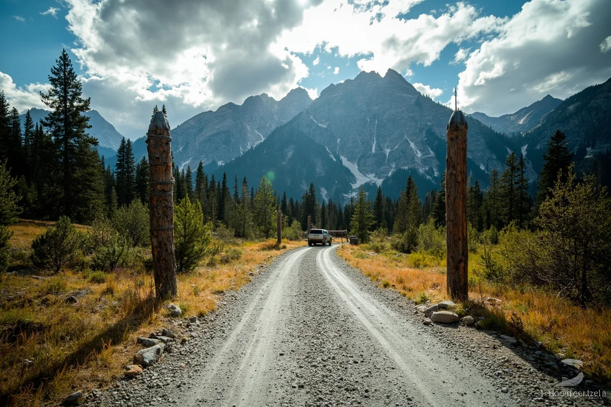 Gravel forest service road leading to trailhead with mountains in background