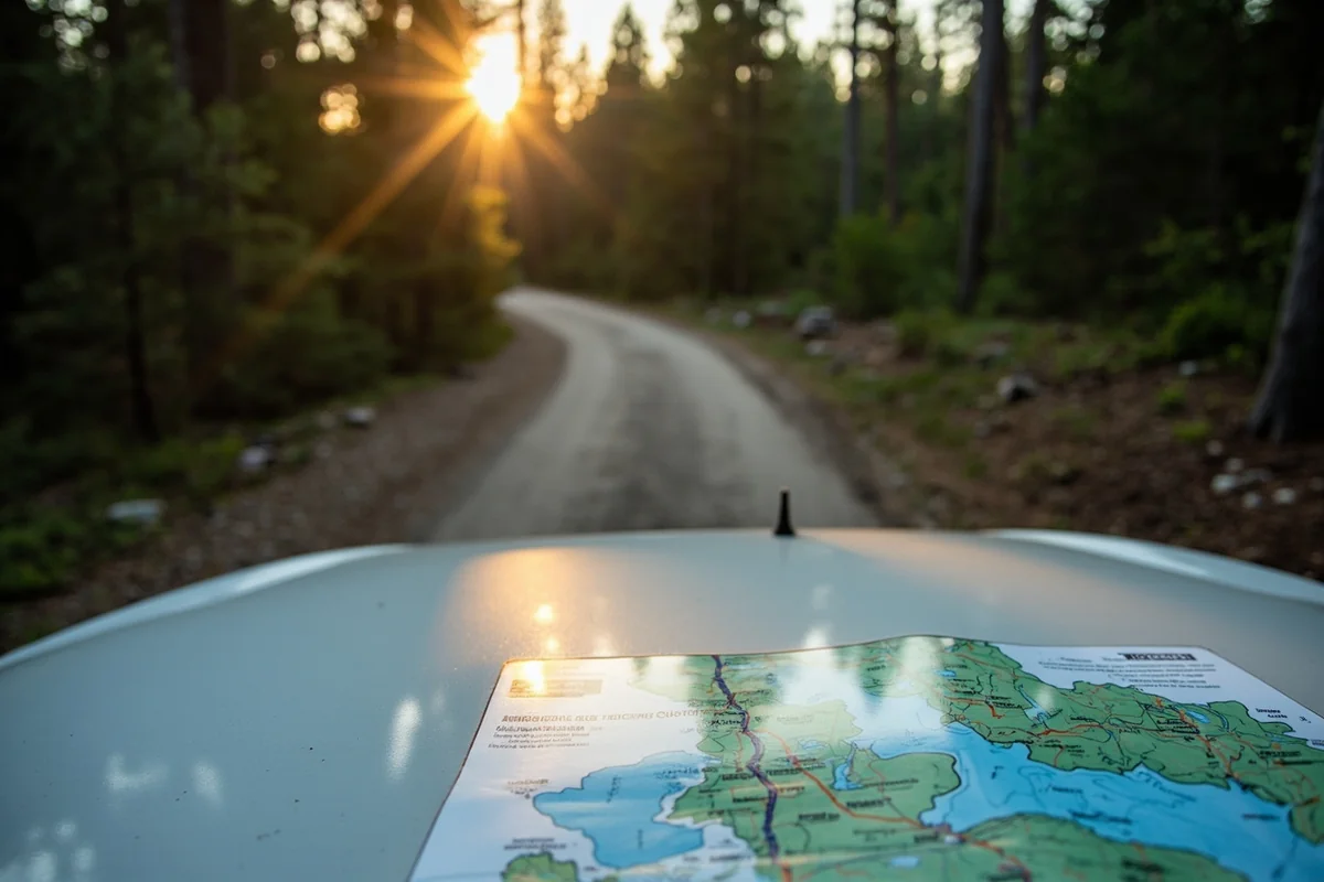 Gravel Forest Service road winding through lodgepole pine forest with a paper map spread on a car hood in foreground