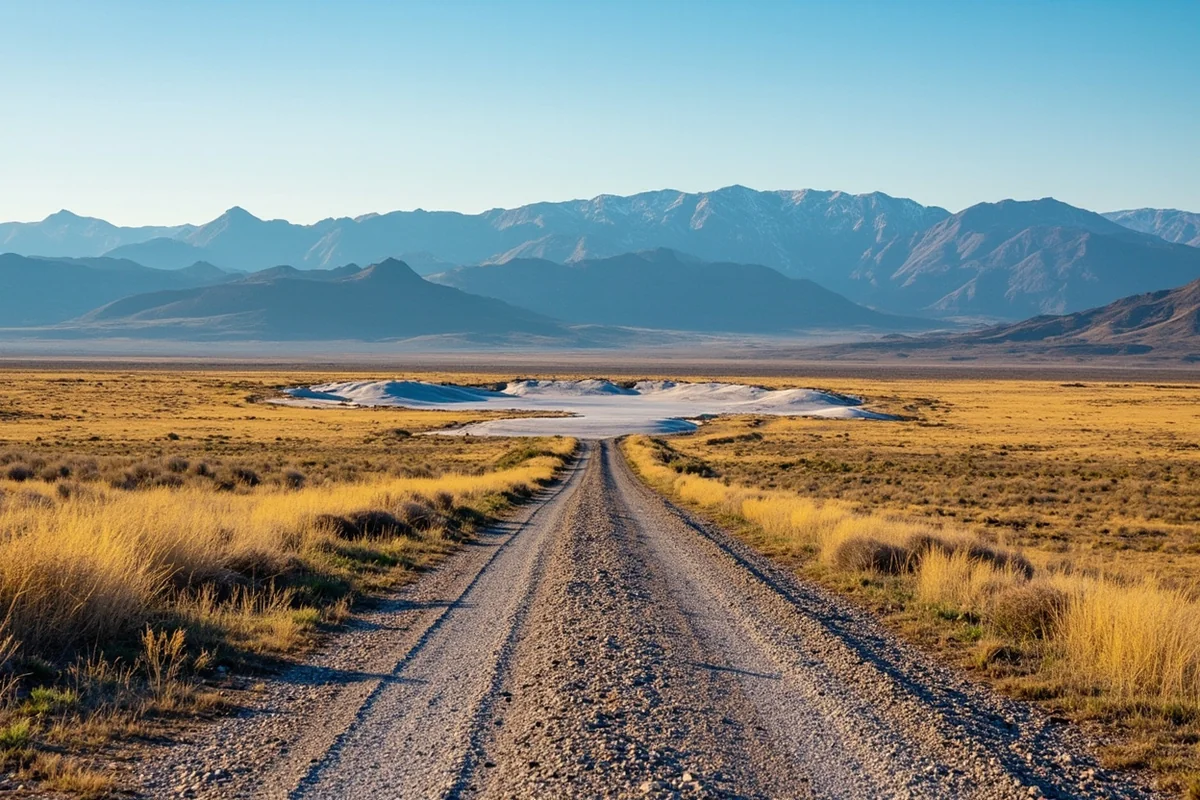 Gravel road leading to Gigantic Warm Spring with Anaconda Range mountains in distance