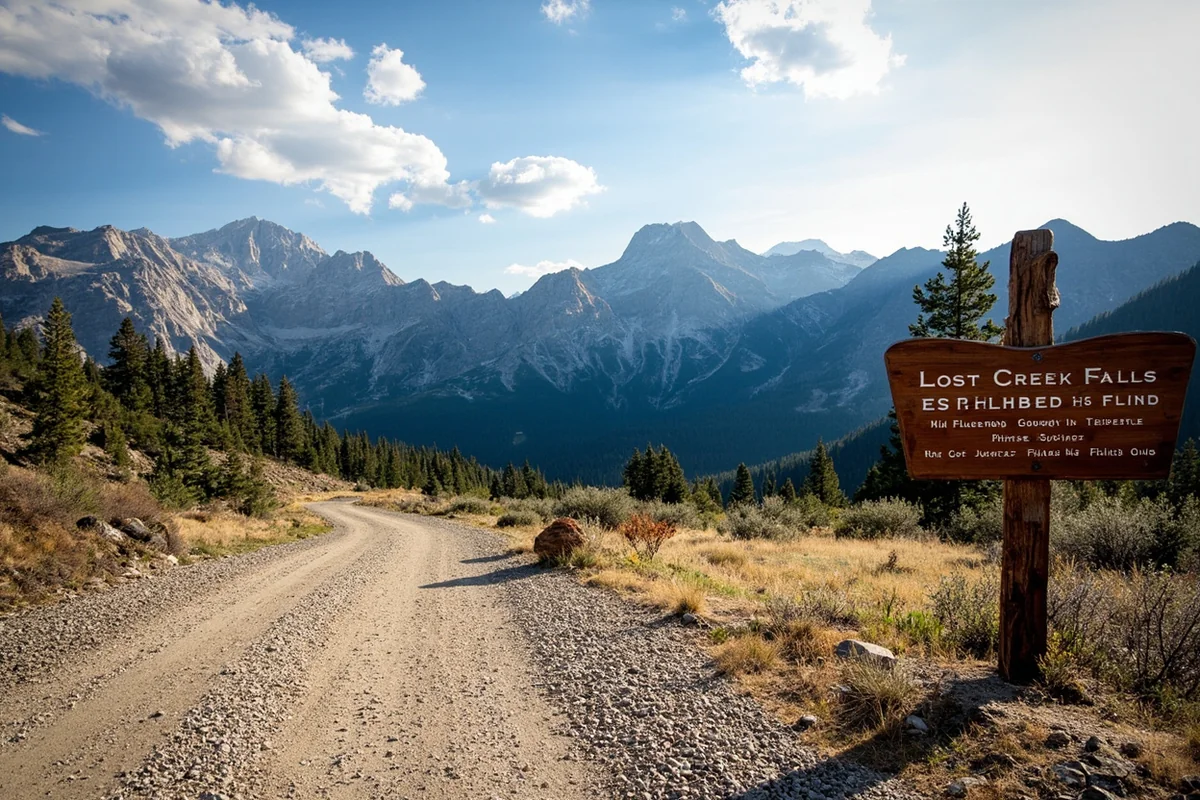 Gravel road leading to Lost Creek Falls trailhead with mountains in background