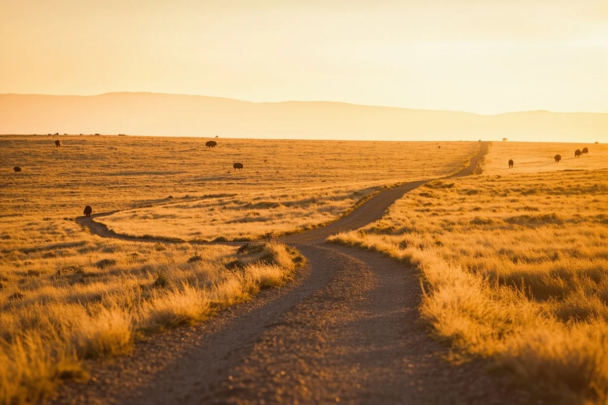 Gravel road winding through golden grasslands with bison visible in distance