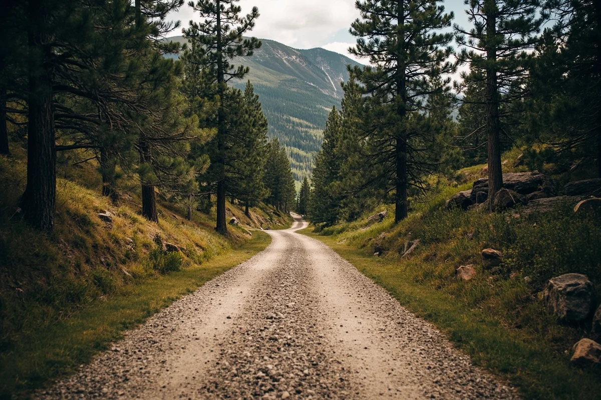 Gravel road winding through pine forest leading to Elkhorn Hot Springs, showcasing the remote mountain setting