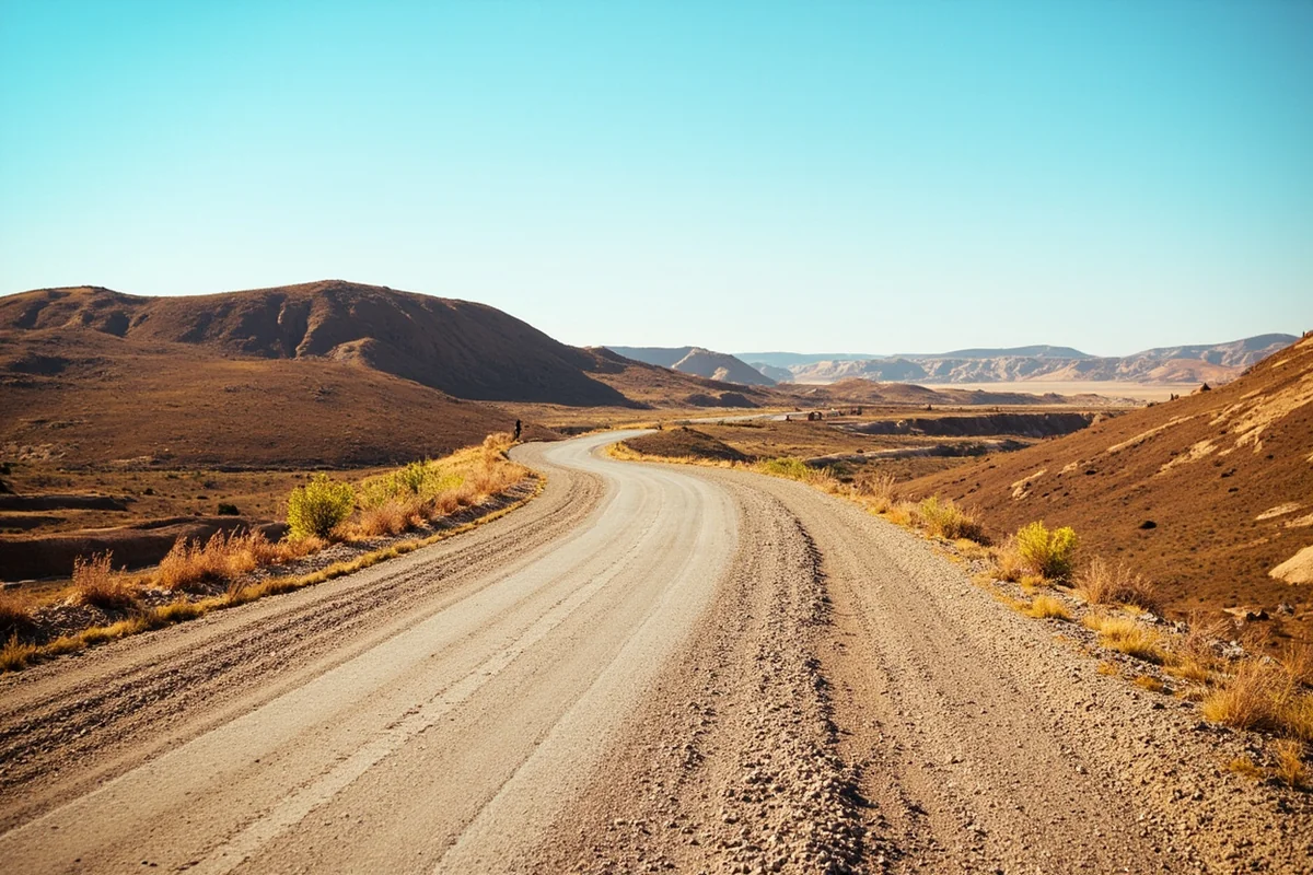 Gravel road winding through the Missouri Breaks badlands with no visible structures