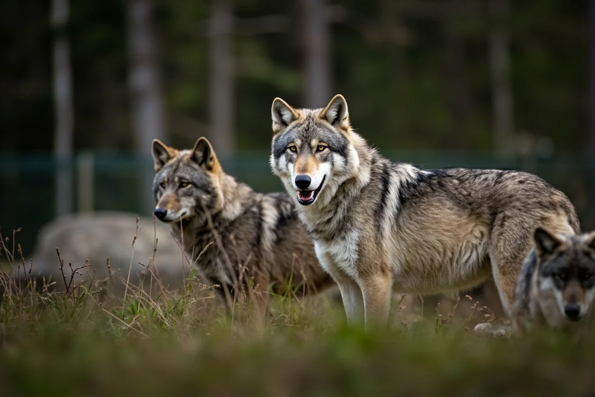 Gray wolf pack at the Grizzly & Wolf Discovery Center with forested enclosure background