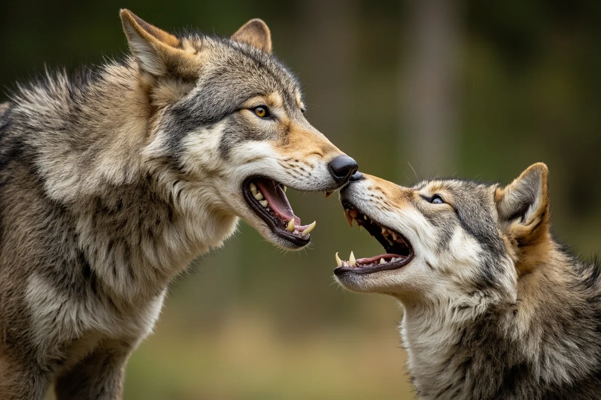 Gray wolves interacting during a feeding demonstration at the Grizzly & Wolf Discovery Center