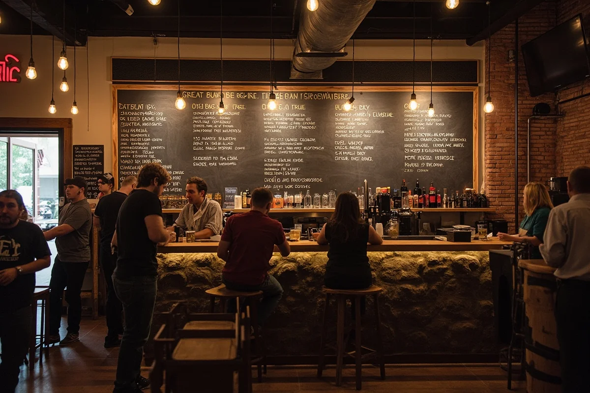 Great Burn Brewing taproom interior showing casual atmosphere and chalkboard beer menu
