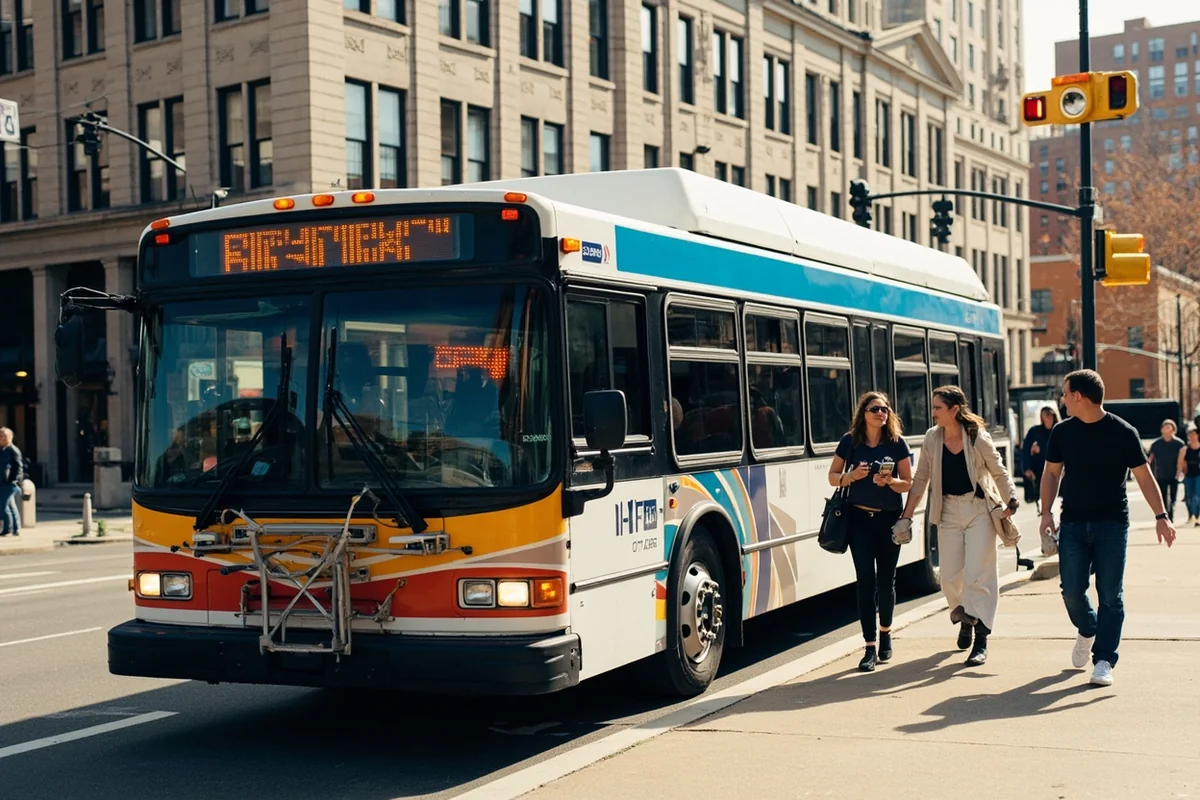 Great Falls city bus at a downtown stop with historic buildings in background