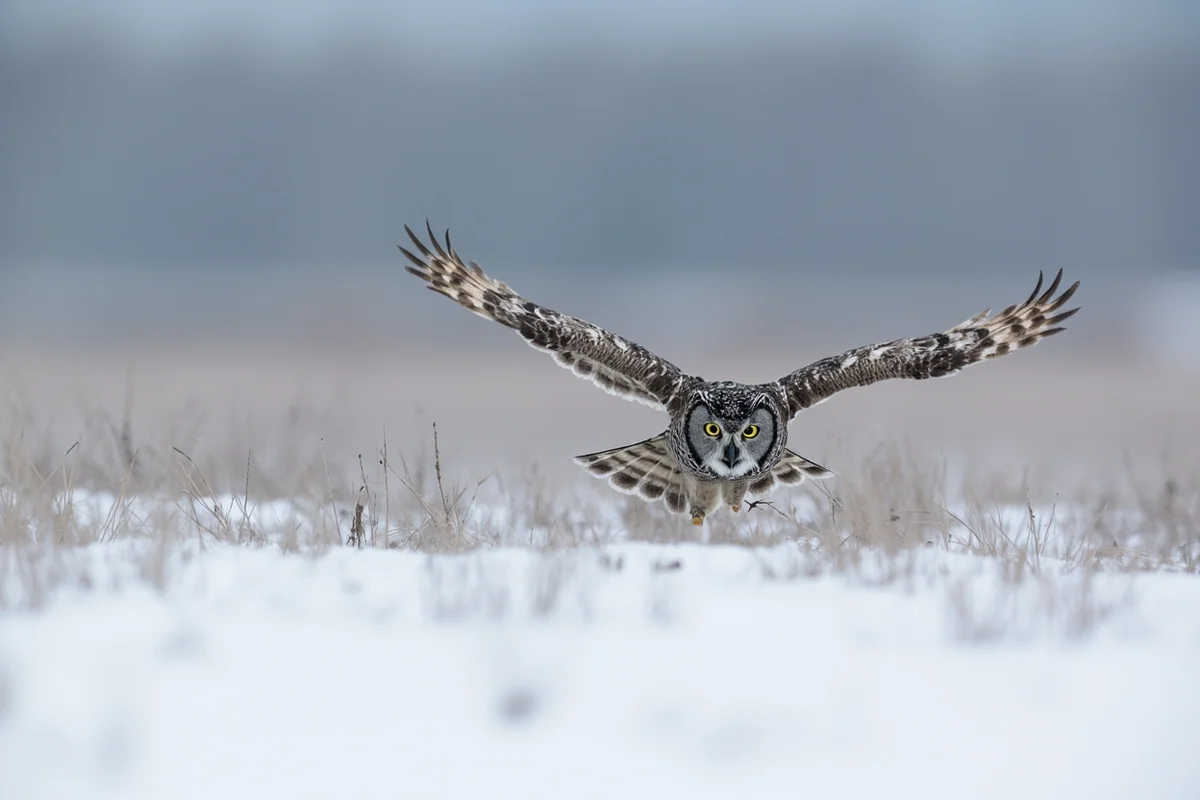 Great Gray Owl hunting in snowy meadow near Seeley Lake, Montana
