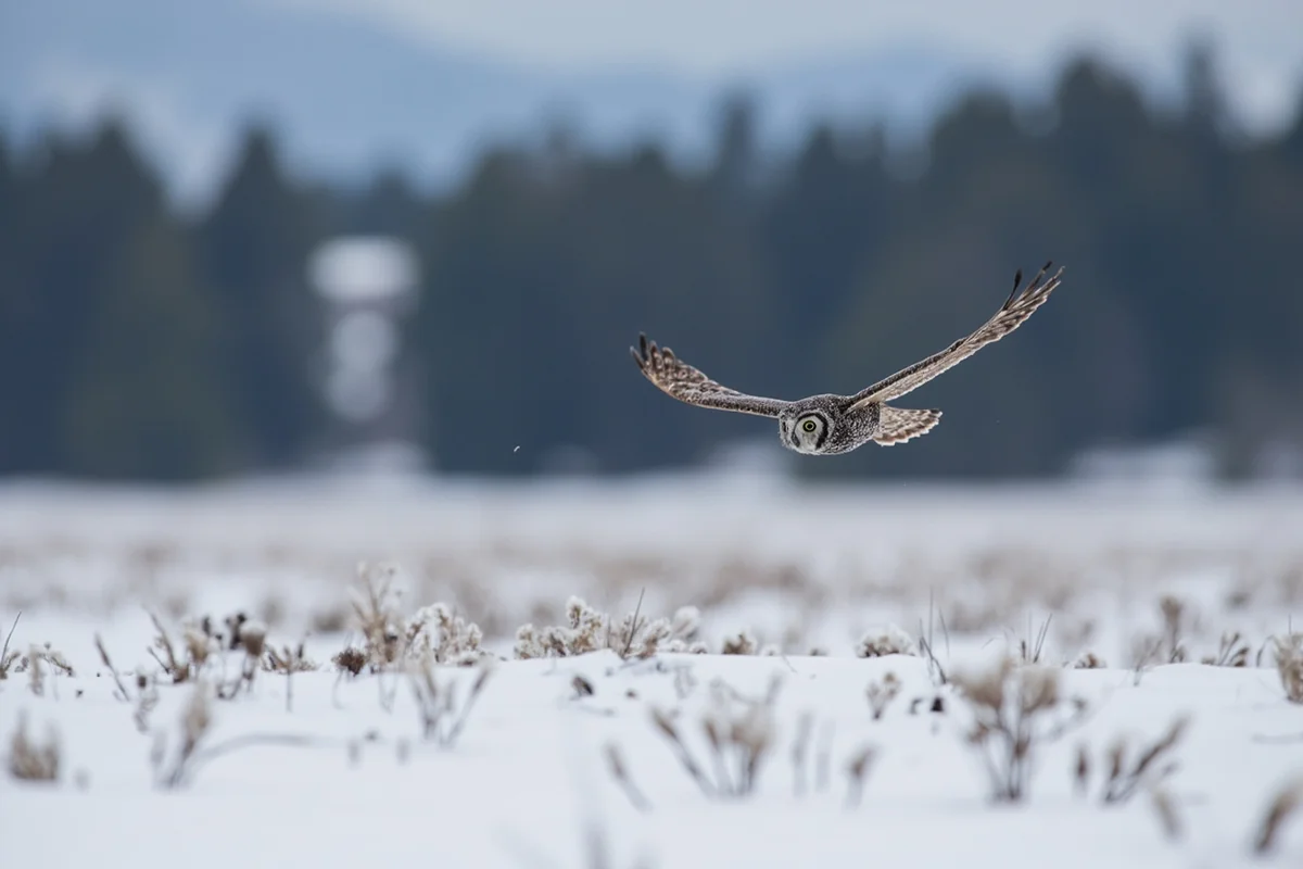 Great gray owl hunting over a snowy meadow in the Mission Valley with evergreen forest in background