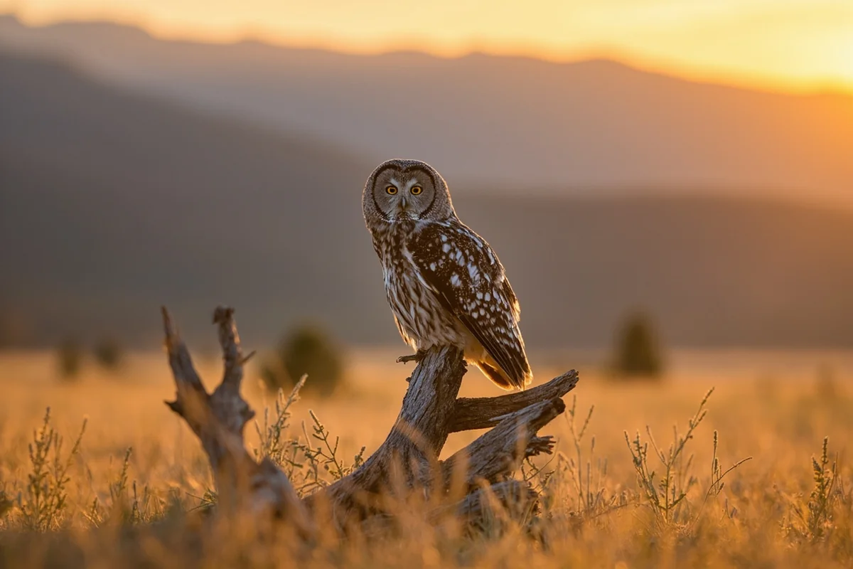 Great Gray Owl perched on a broken snag in a Montana mountain meadow at golden hour