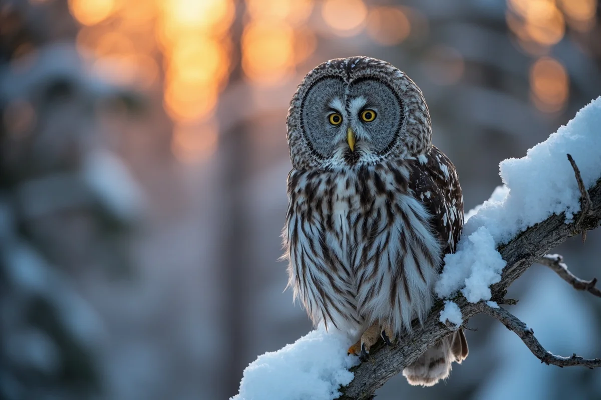 Great Gray Owl perched on a snow-covered branch in Montana forest at dawn