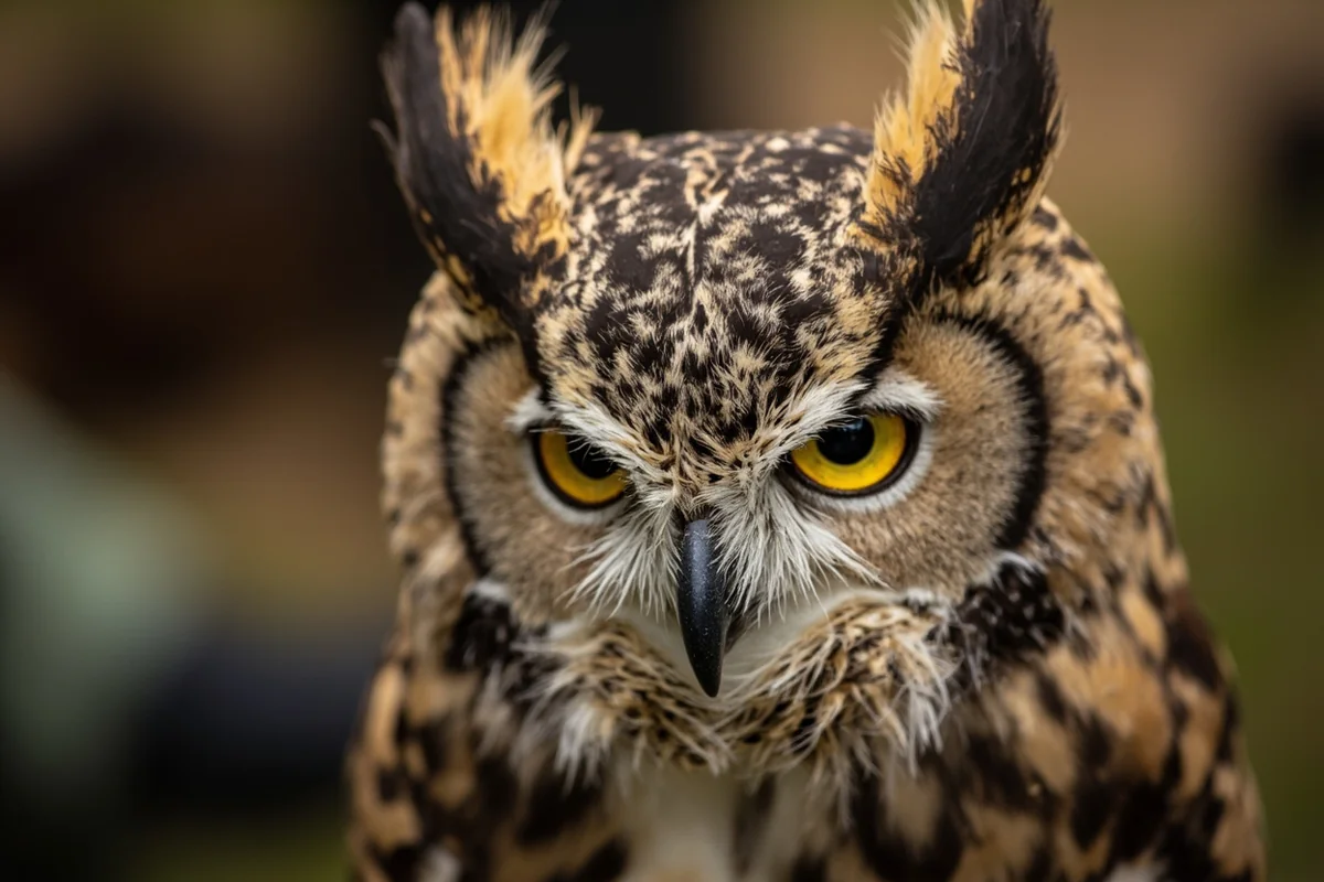 Great horned owl at a Montana raptor rehabilitation facility during educational presentation