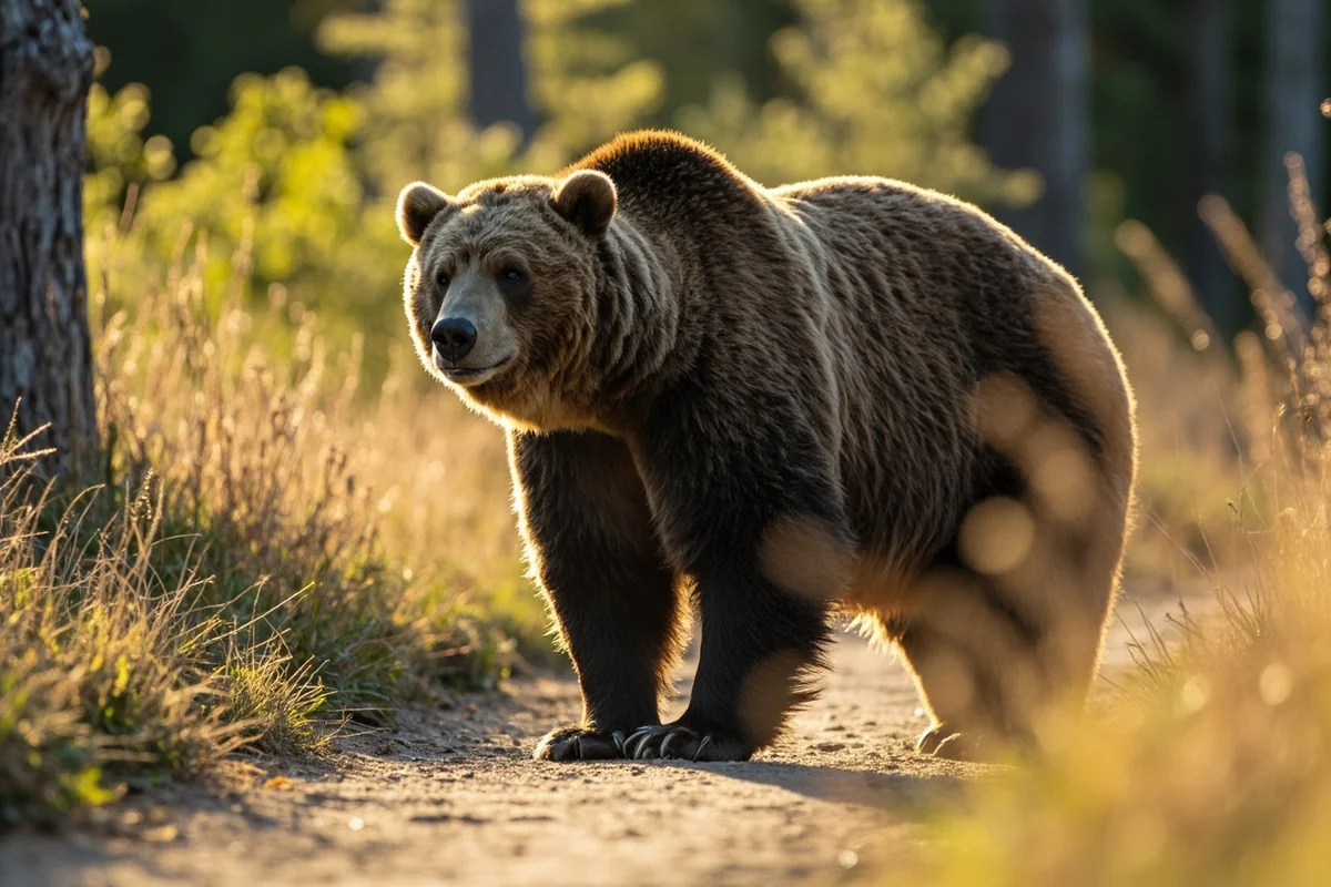 Grizzly bear at ZooMontana in morning light, viewed from visitor pathway