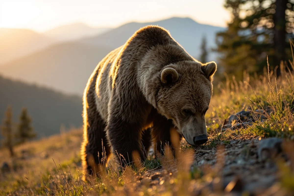 Grizzly bear digging on a Montana mountainside with morning light