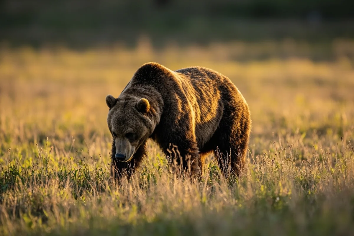 Grizzly bear foraging in meadow with early morning light in Lamar Valley