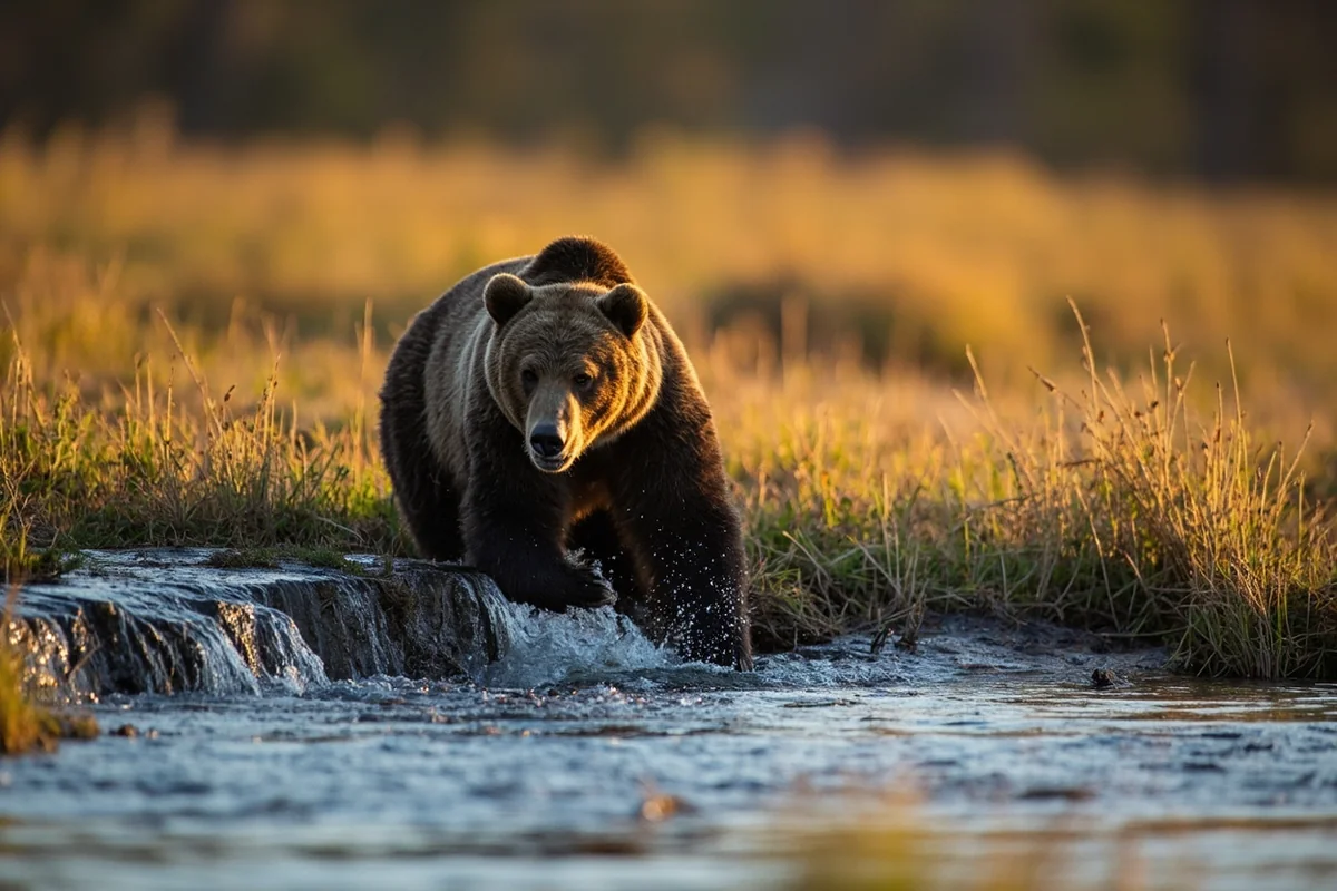 Grizzly bear foraging near a river in Yellowstone's Lamar Valley at dawn