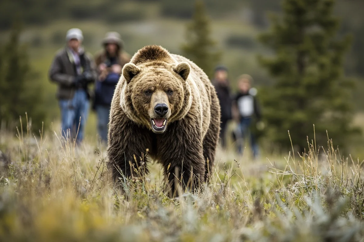 Grizzly bear in Montana wilderness with photographers maintaining safe distance