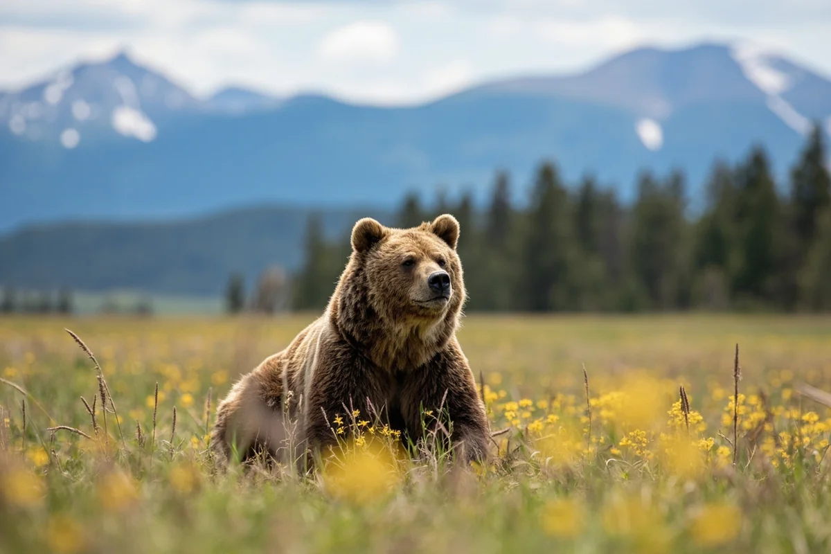 Grizzly bear in natural habitat with Montana mountain meadow background