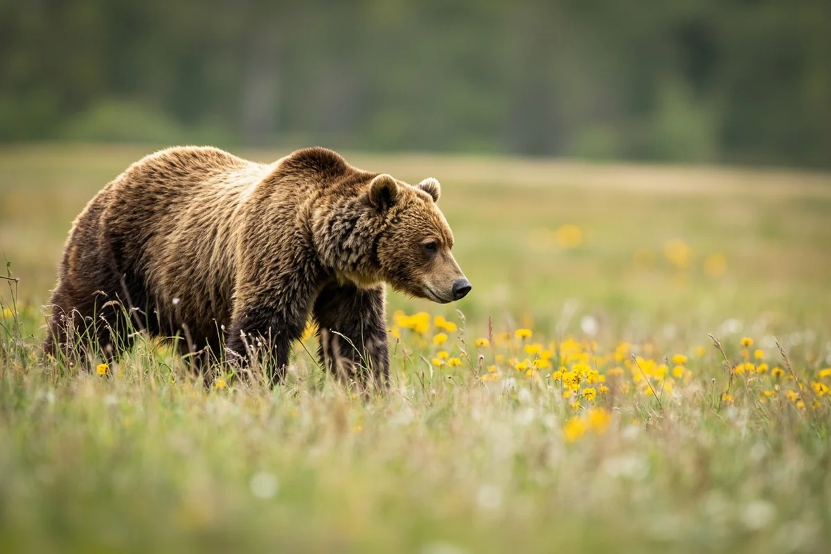 Grizzly bear in natural Montana meadow habitat at safe distance