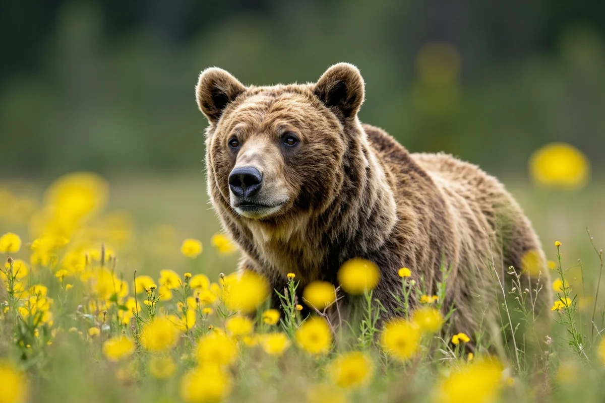 Grizzly bear in wildflower meadow in Glacier National Park during summer
