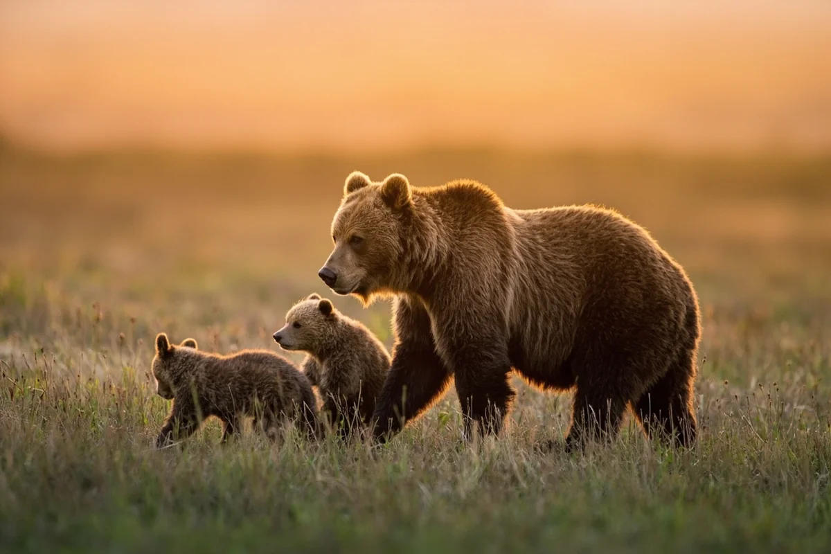 Grizzly bear mother with cubs in Montana meadow at dawn