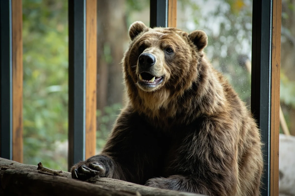 Grizzly bear standing upright against viewing window at Discovery Center