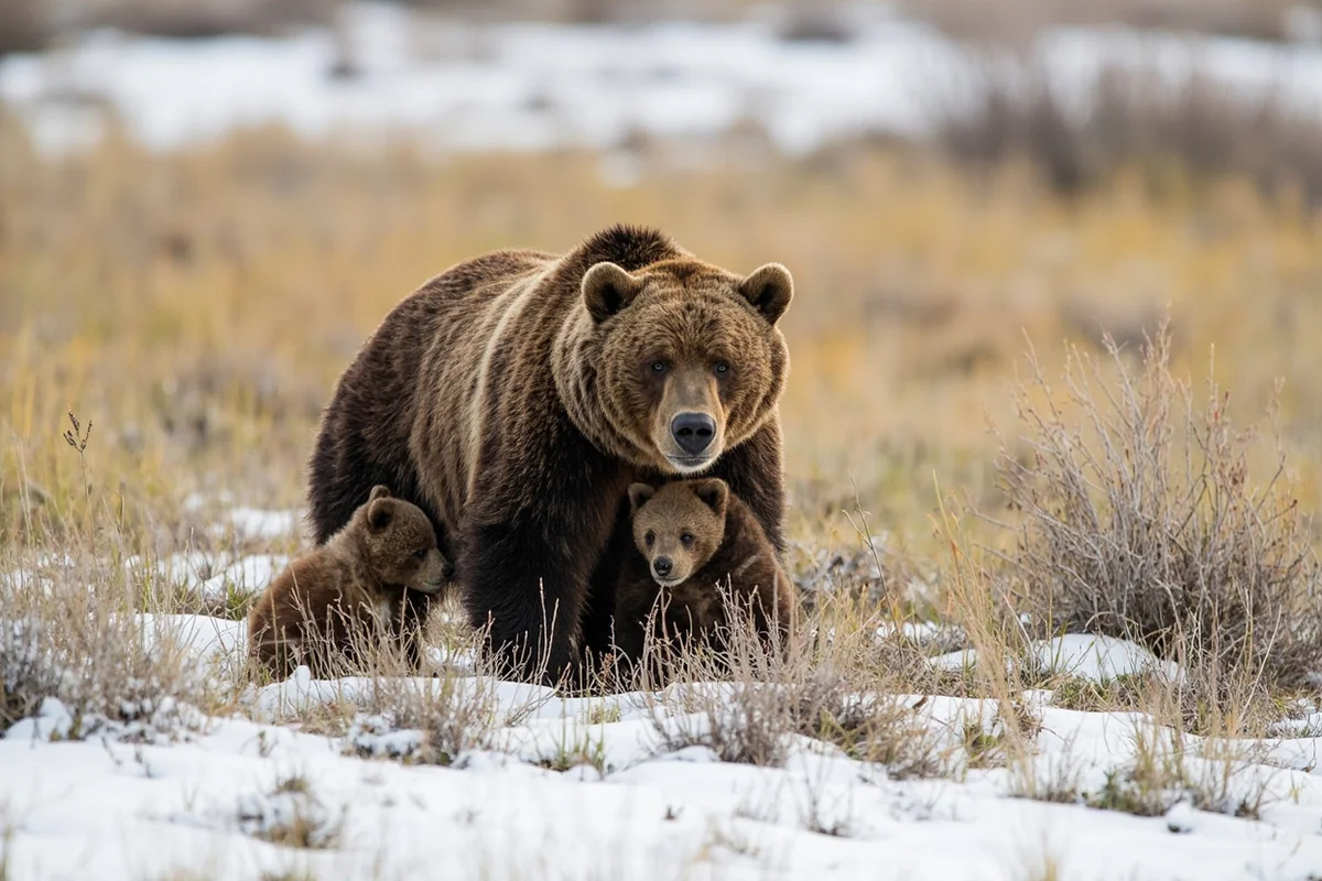 Grizzly bear with cubs in Lamar Valley with patches of snow and early spring grass
