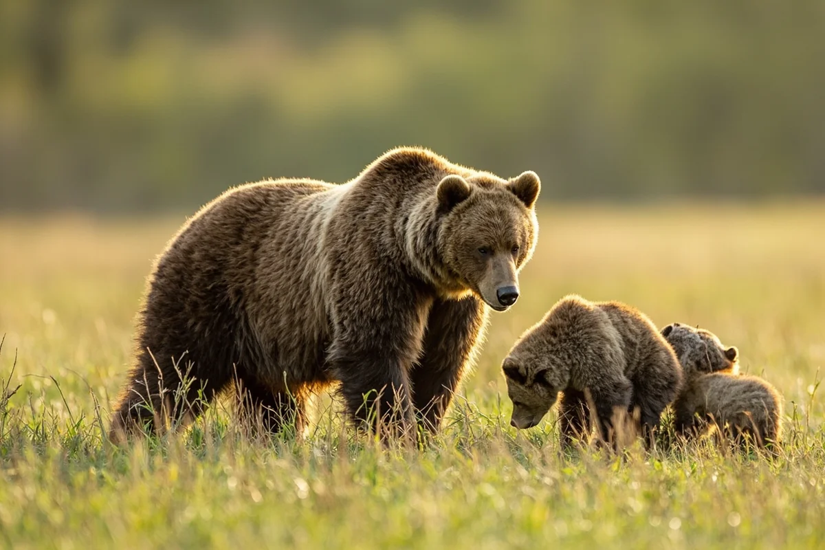 Grizzly bear with cubs in meadow, Glacier National Park, early morning light
