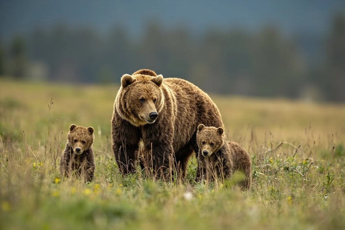 Grizzly bear with cubs in meadow with safe viewing distance demonstrated