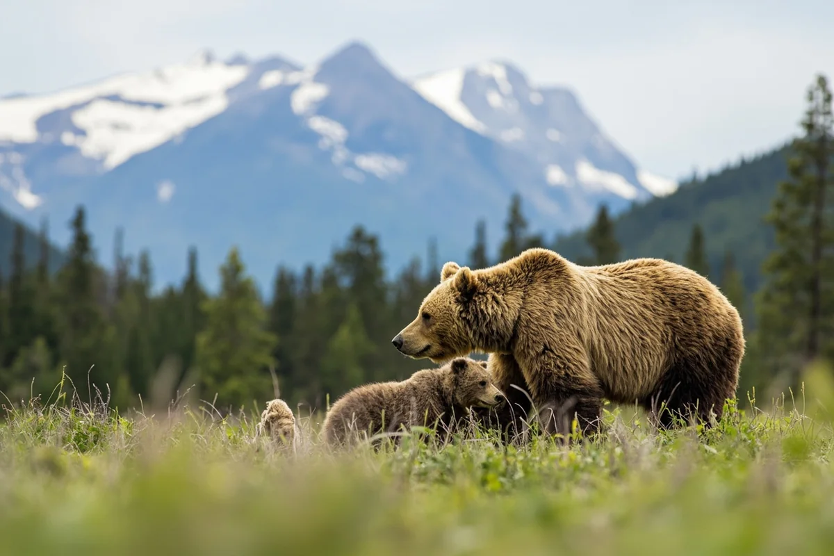 Grizzly bear with cubs in spring meadow with snow-capped mountains in background