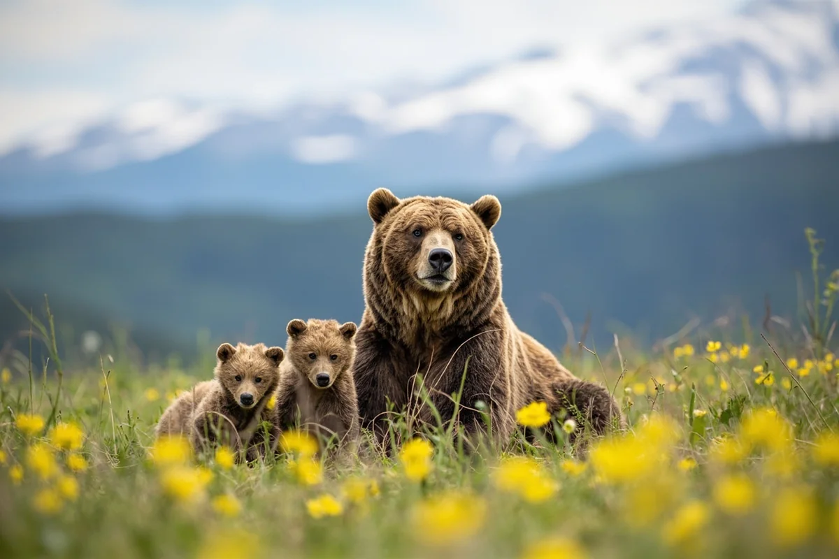 Grizzly bear with cubs in spring meadow with snow-capped mountains in background