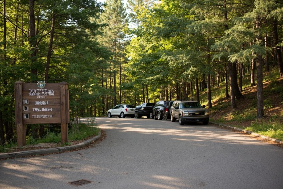 Grotto Falls Trailhead parking lot with wooden trail sign and vehicles parked along forest edge