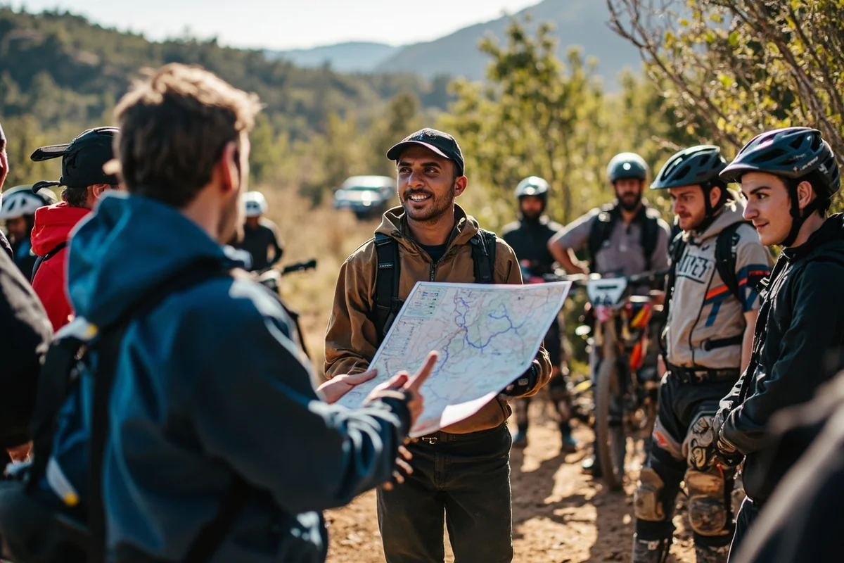 Group of dirt bike riders gathered at trailhead with guide explaining route map