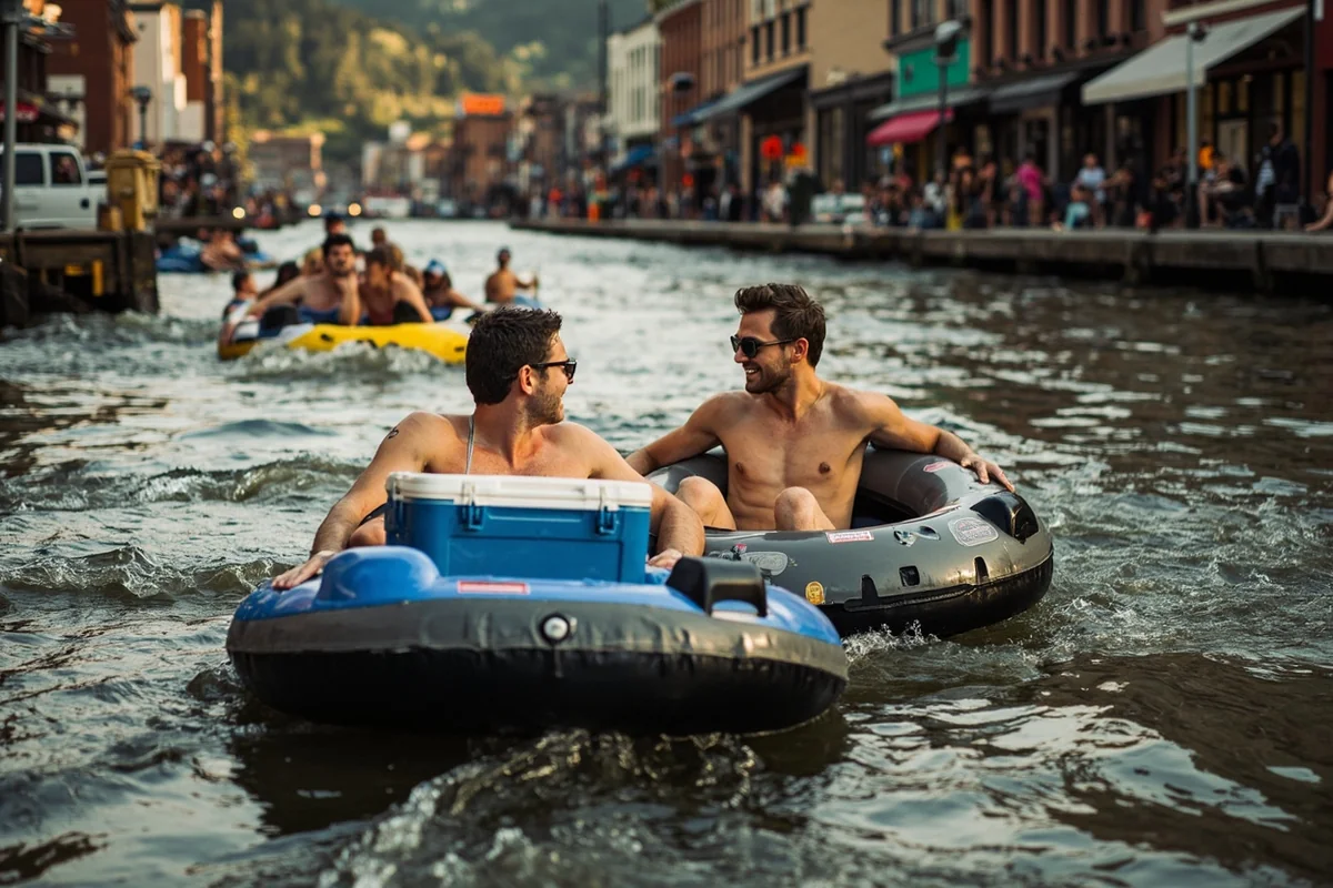 Group of friends floating the Clark Fork River through downtown Missoula with tubes and cooler