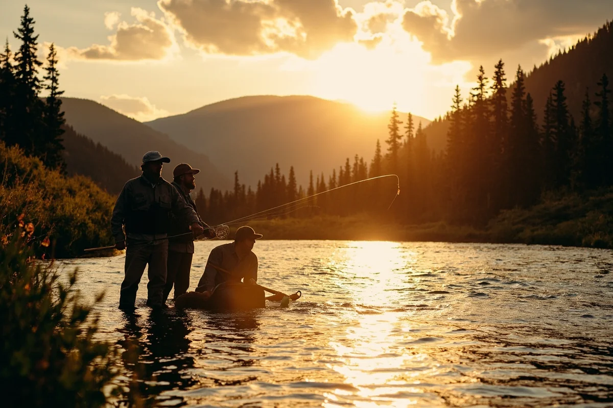 Group of friends fly fishing on a scenic Montana river at sunrise with mountains in background