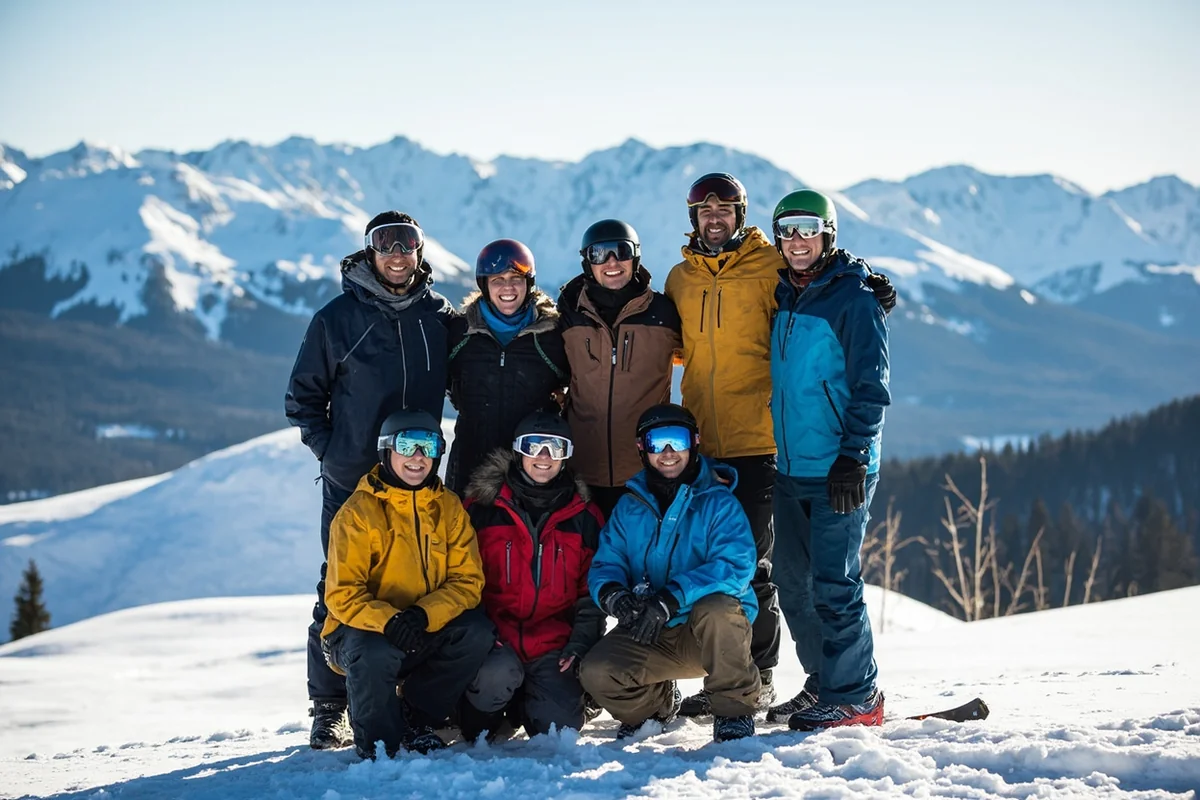Group of friends in ski gear posing together on Whitefish Mountain with snow-covered peaks behind them