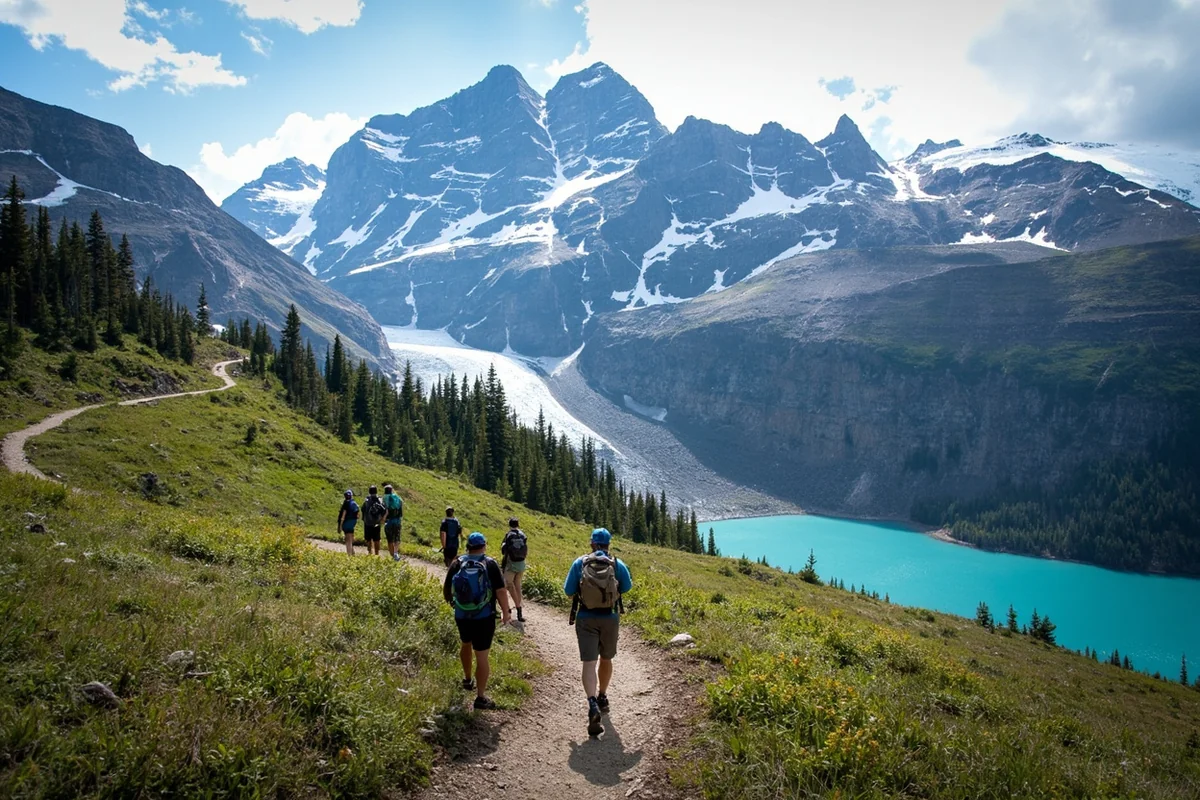 Group of hikers on trail approaching Grinnell Glacier with mountain peaks and glacial lake