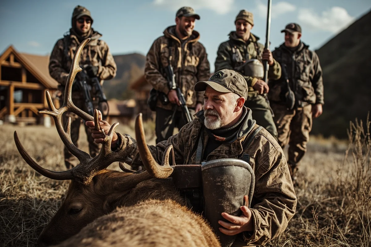 Group of hunters at lodge after successful hunt with harvested elk