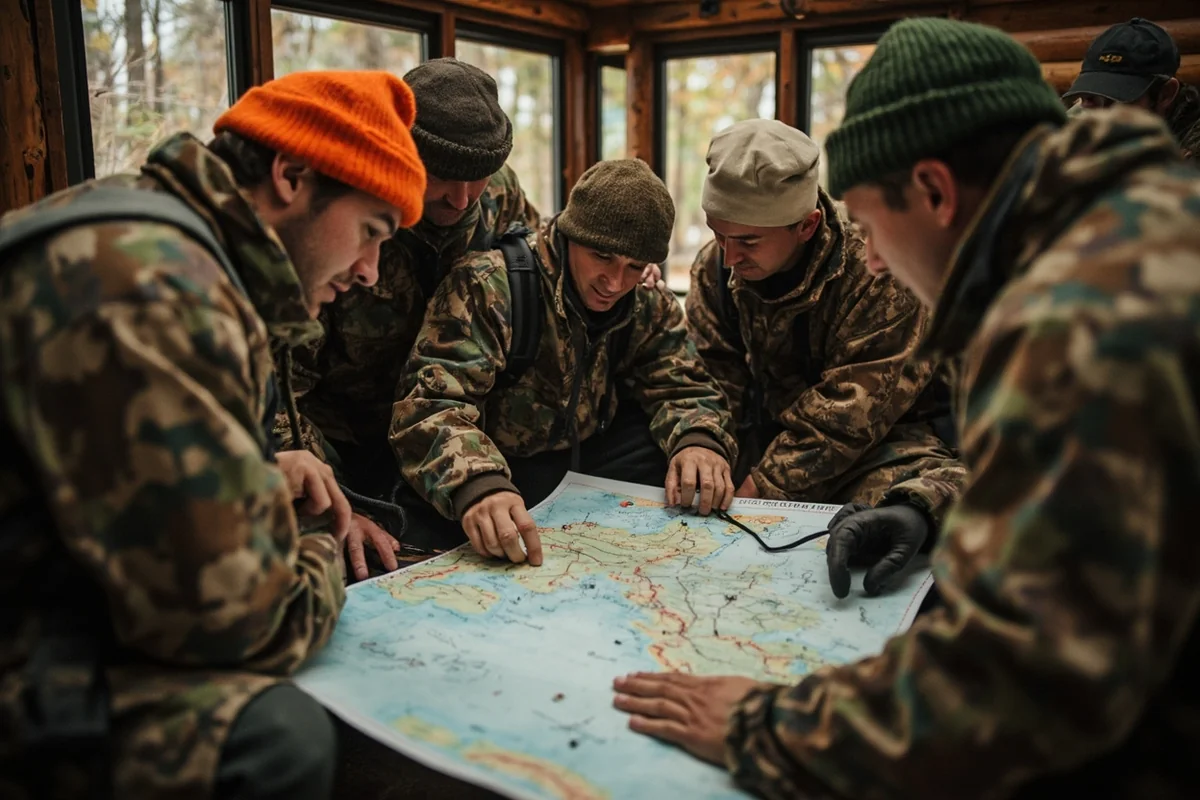 Group of hunters strategizing over maps at hunting lodge