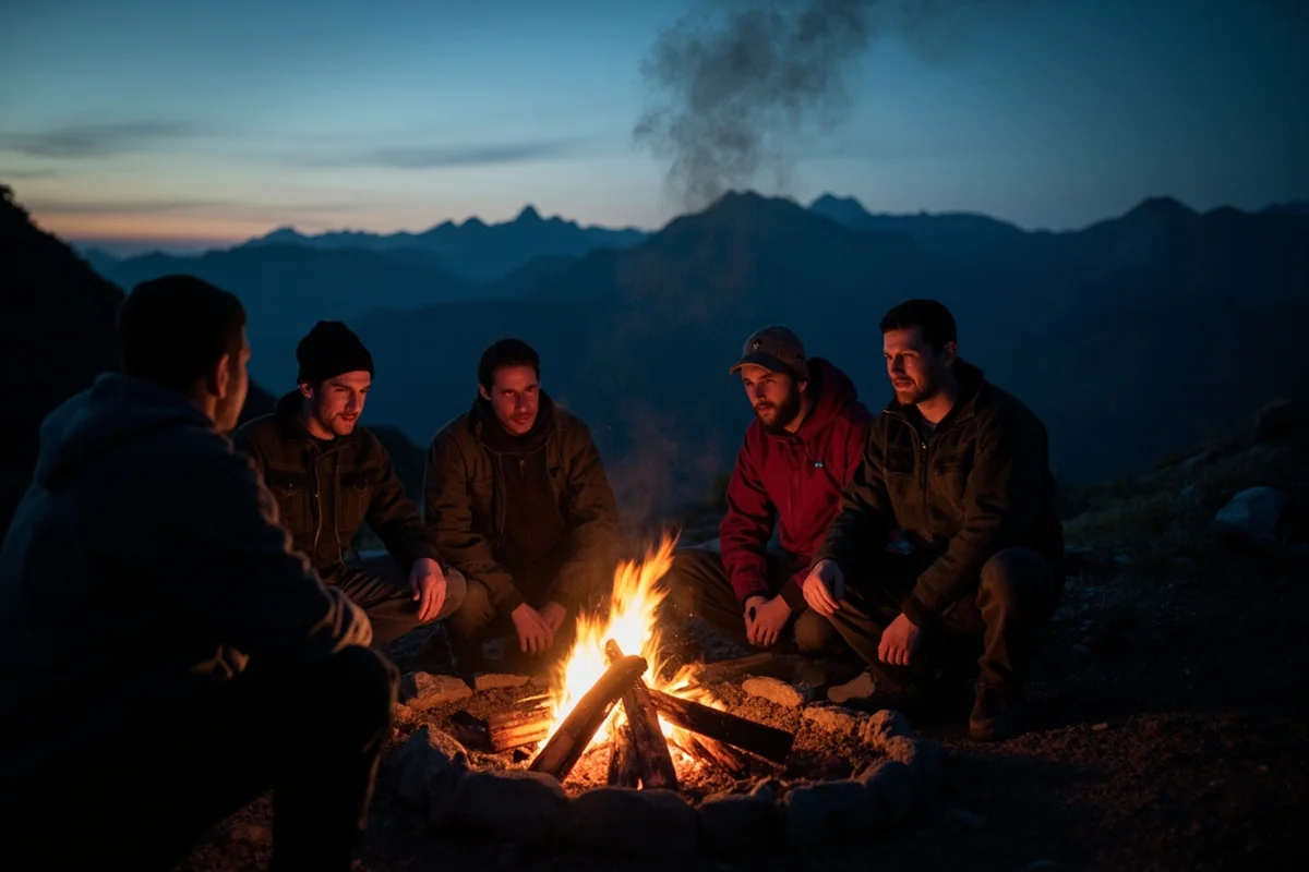 Group of men gathered around campfire at dusk with mountains in background