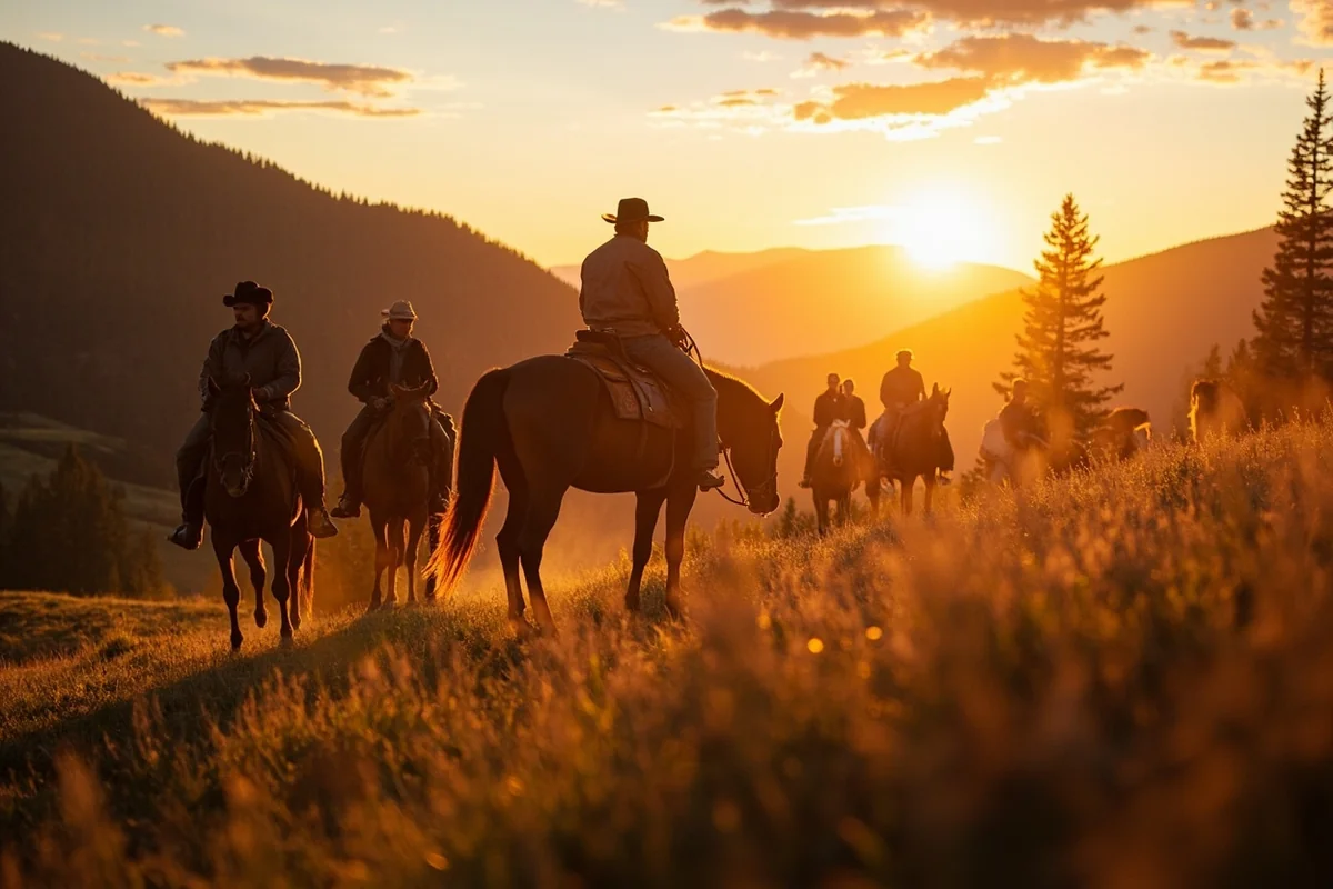Group of men on horseback riding through Montana mountain valley at sunrise
