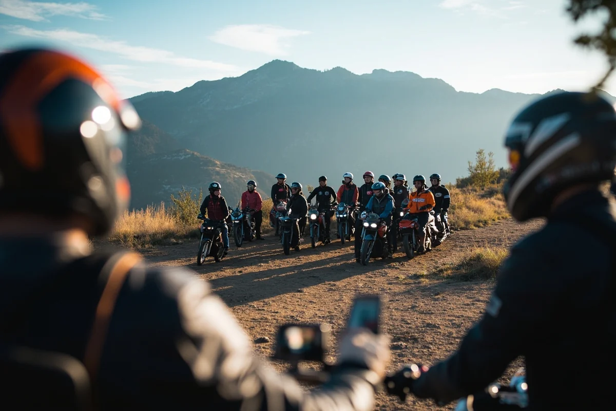 Group of motorcycle riders gathered at morning briefing with mountain backdrop