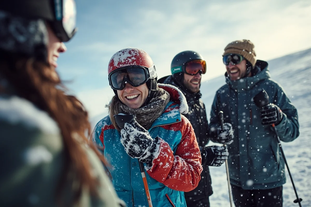 Group of smiling skiers covered in snow after a powder day at après-ski
